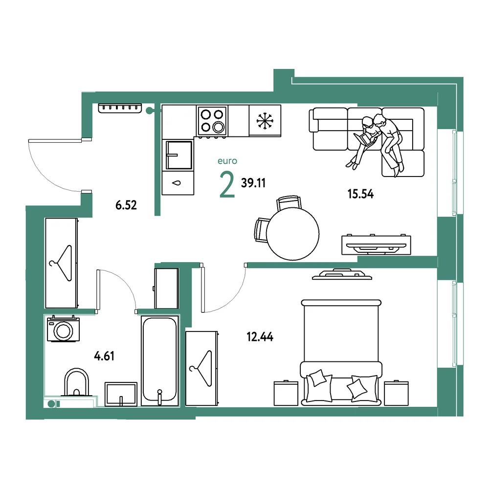 Планировка: Европейский берег 2.0 2-комнатная 39,11м²