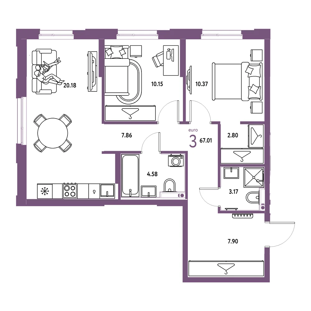 Планировка: Европейский берег 2.0 3-комнатная 67,01м²