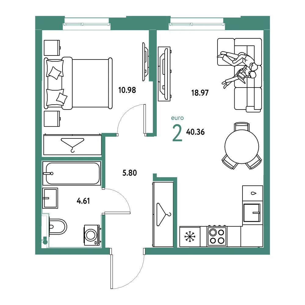 Планировка: Европейский берег 2.0 2-комнатная 40,36м²