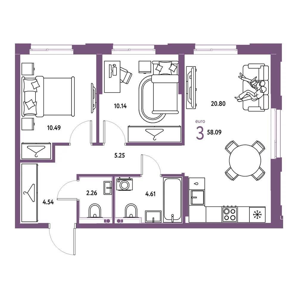 Планировка: Европейский берег 2.0 3-комнатная 58,09м²