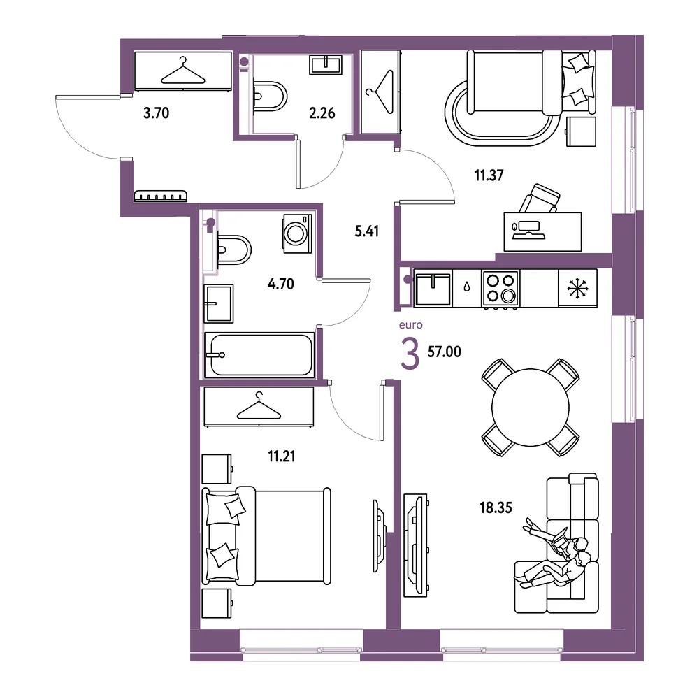 Планировка: Европейский берег 2.0 3-комнатная 57,00м²