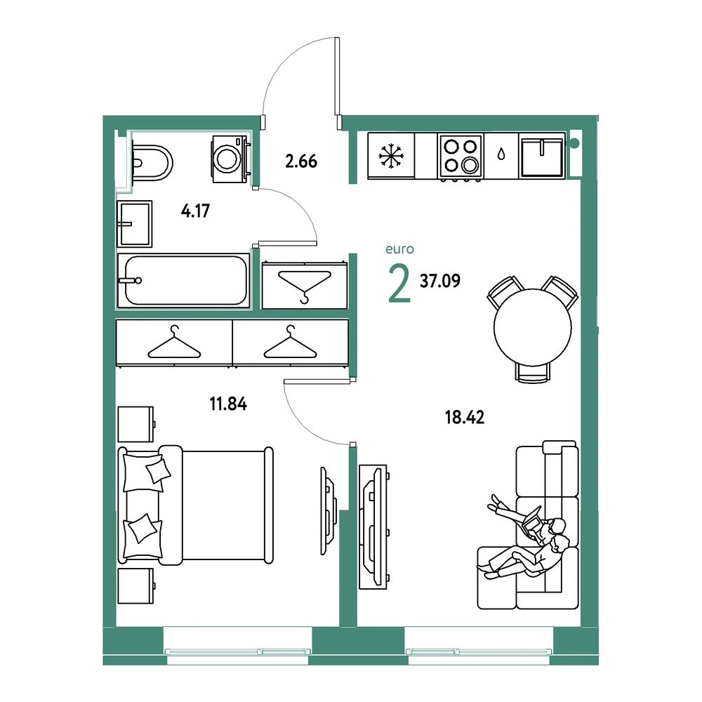 Планировка: Европейский берег 2.0 2-комнатная 37,09м²