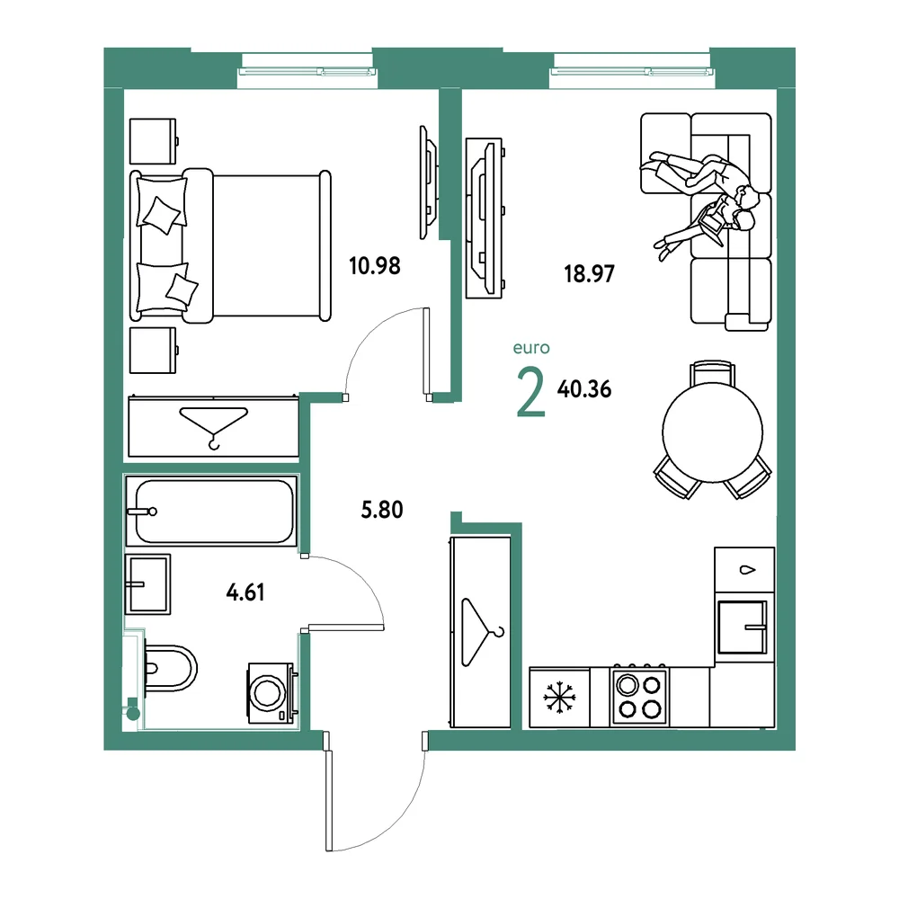 Планировка: Европейский берег 2.0 2-комнатная 40,36м²