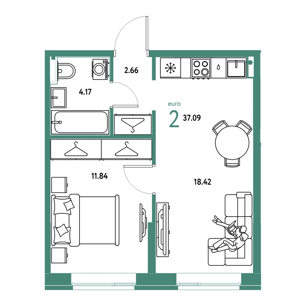 Планировка: Европейский берег 2.0 2-комнатная 37,09м²