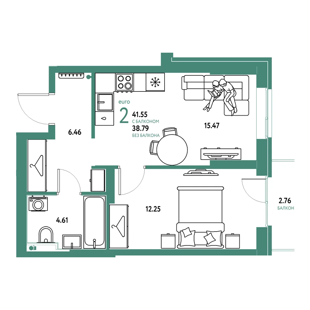 Планировка: Европейский берег 2.0 2-комнатная 41,55м²