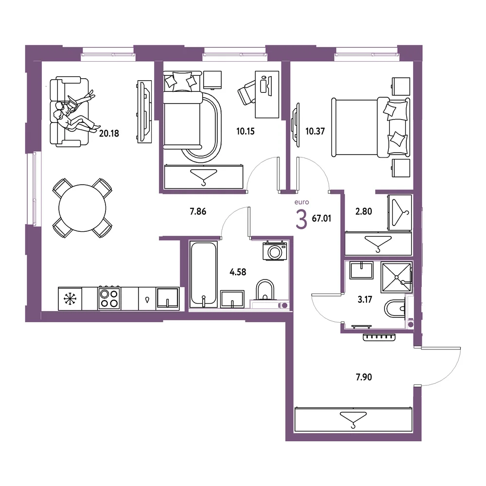 Планировка: Европейский берег 2.0 3-комнатная 67,01м²