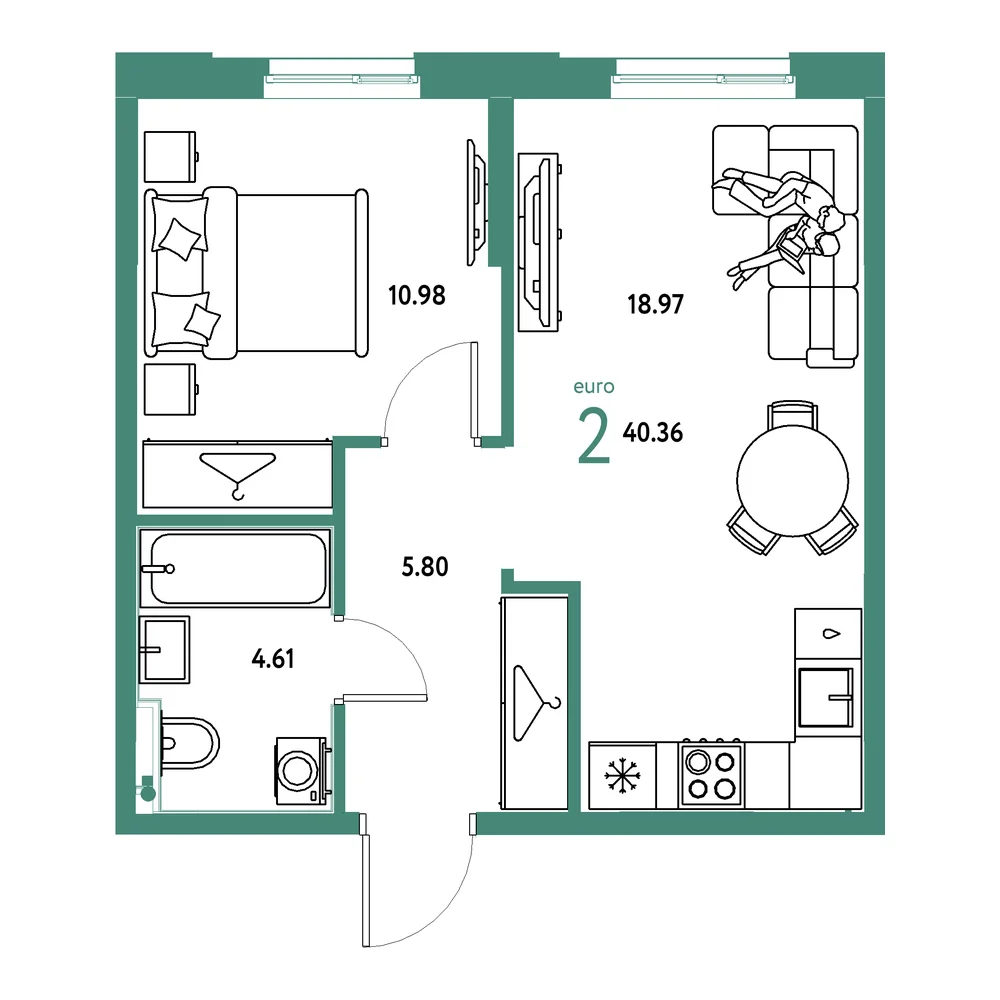 Планировка: Европейский берег 2.0 2-комнатная 40,36м²