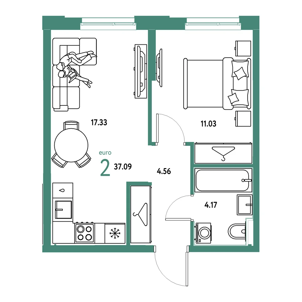 Планировка: Европейский берег 2.0 2-комнатная 37,09м²