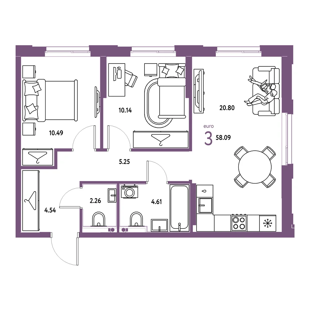 Планировка: Европейский берег 2.0 3-комнатная 58,09м²