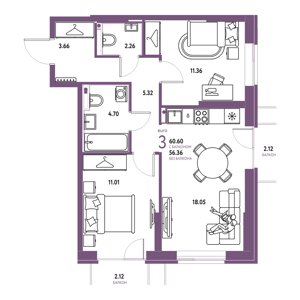 Планировка: Европейский берег 2.0 3-комнатная 60,60м²