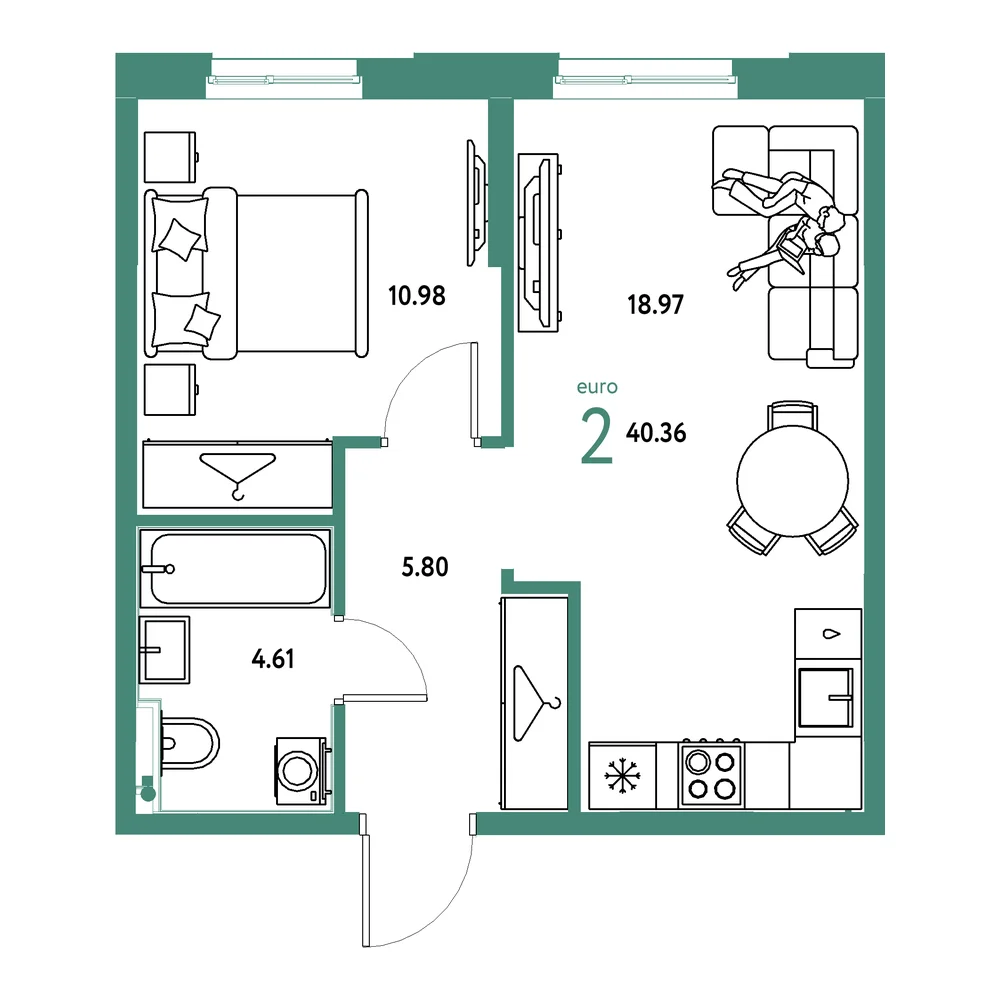 Планировка: Европейский берег 2.0 2-комнатная 40,36м²