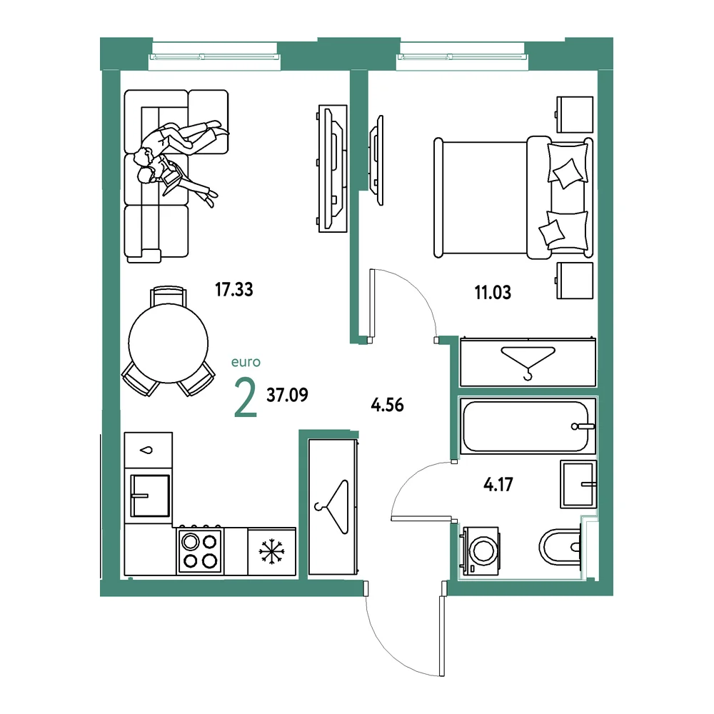 Планировка: Европейский берег 2.0 2-комнатная 37,09м²
