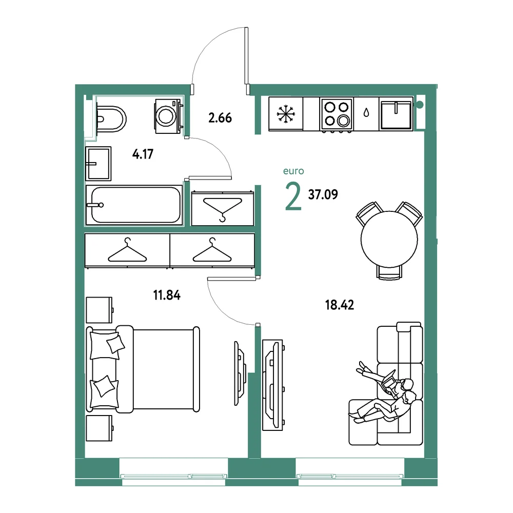 Планировка: Европейский берег 2.0 2-комнатная 37,09м²