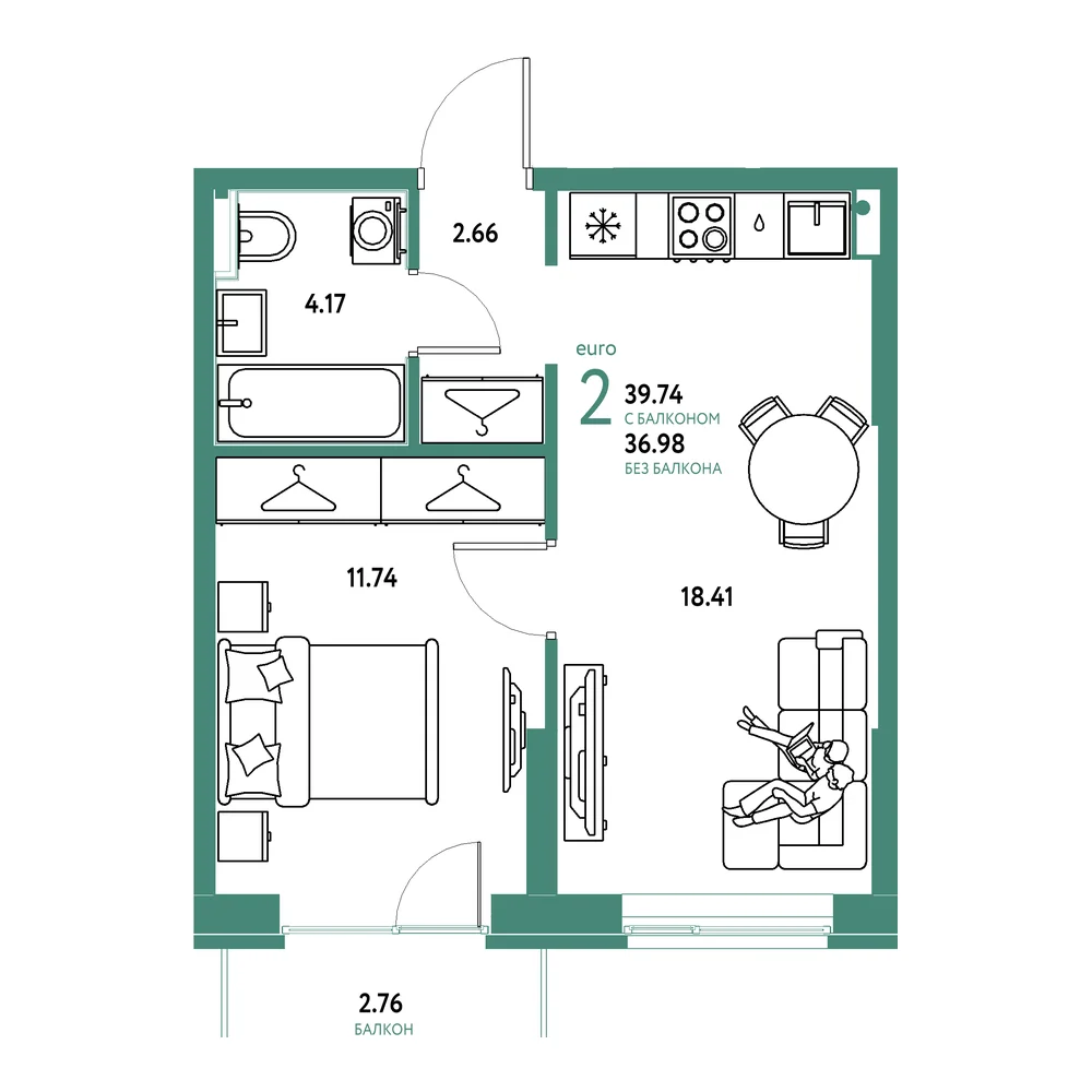 Планировка: Европейский берег 2.0 2-комнатная 39,74м²