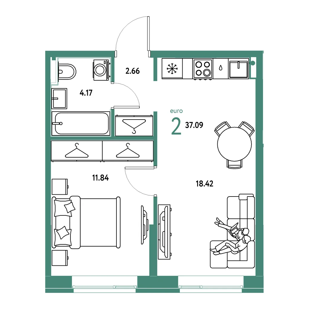 Планировка: Европейский берег 2.0 2-комнатная 37,09м²
