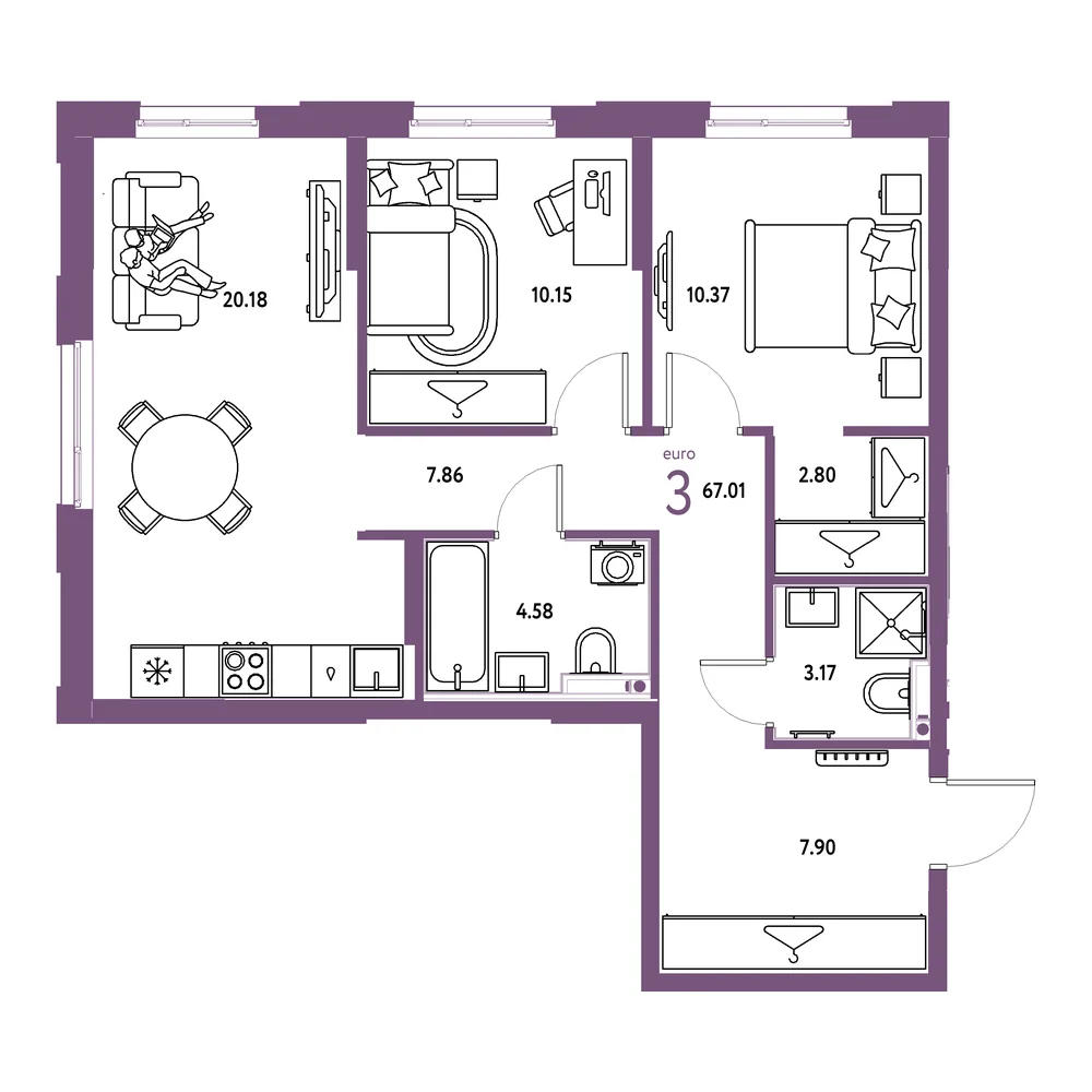 Планировка: Европейский берег 2.0 3-комнатная 67,01м²