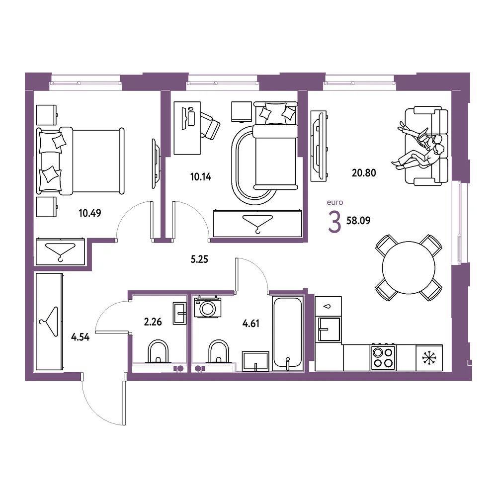 Планировка: Европейский берег 2.0 3-комнатная 58,09м²