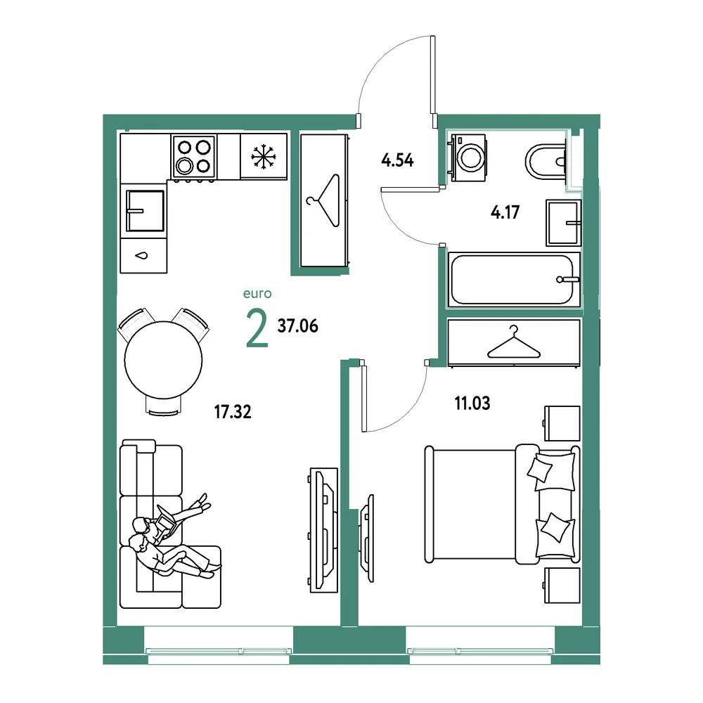 Планировка: Европейский берег 2.0 2-комнатная 37,06м²