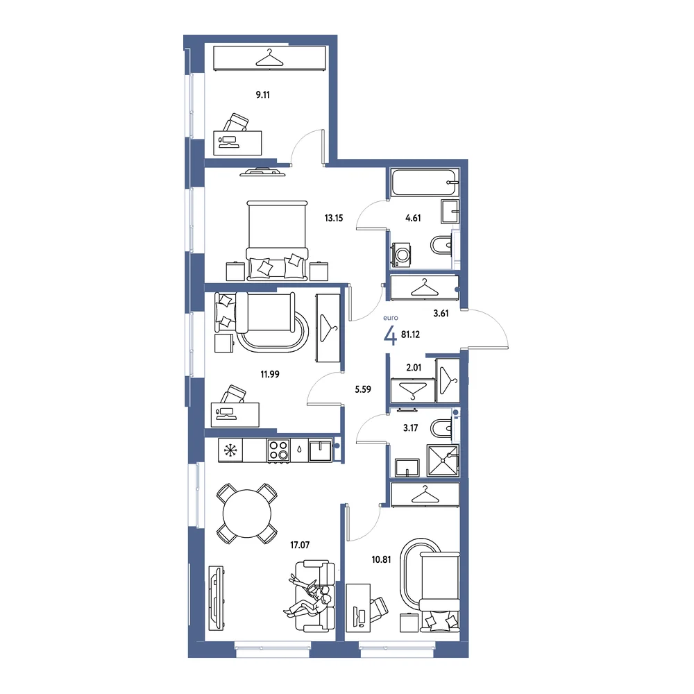 Планировка: Европейский берег 2.0 4-комнатная 81,12м²