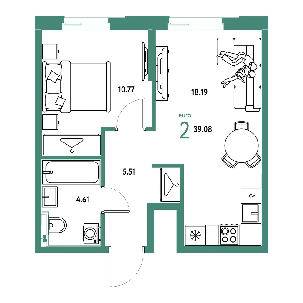 Планировка: Европейский берег 2.0 2-комнатная 39,08м²