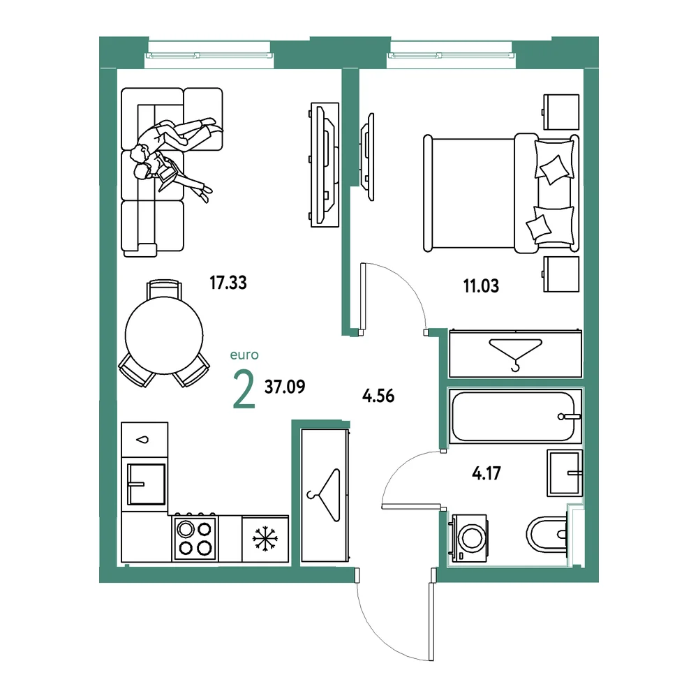 Планировка: Европейский берег 2.0 2-комнатная 37,09м²