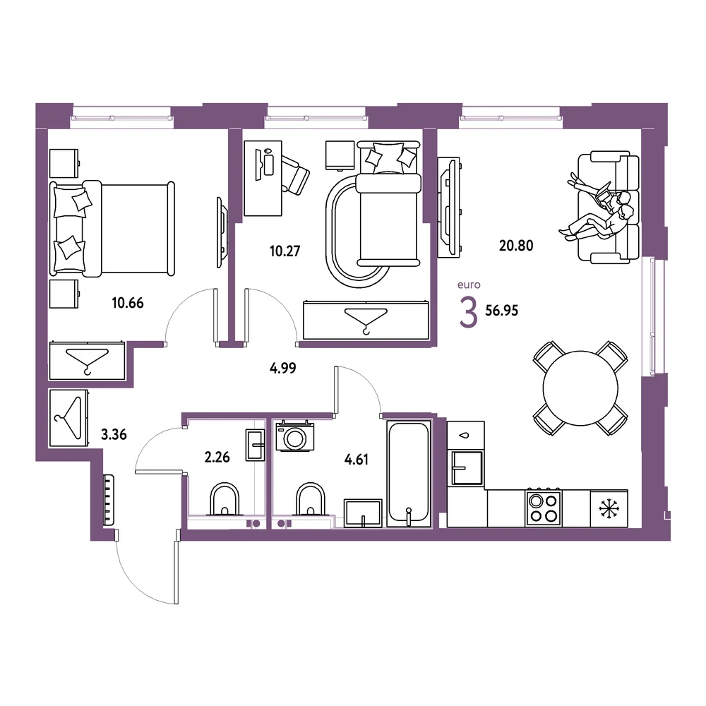 Планировка: Европейский берег 2.0 3-комнатная 56,95м²