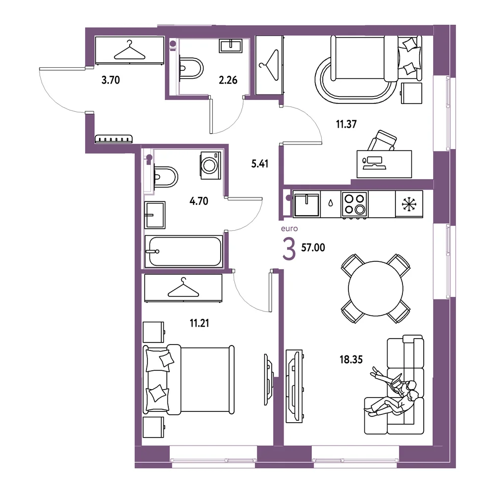 Планировка: Европейский берег 2.0 3-комнатная 57,00м²