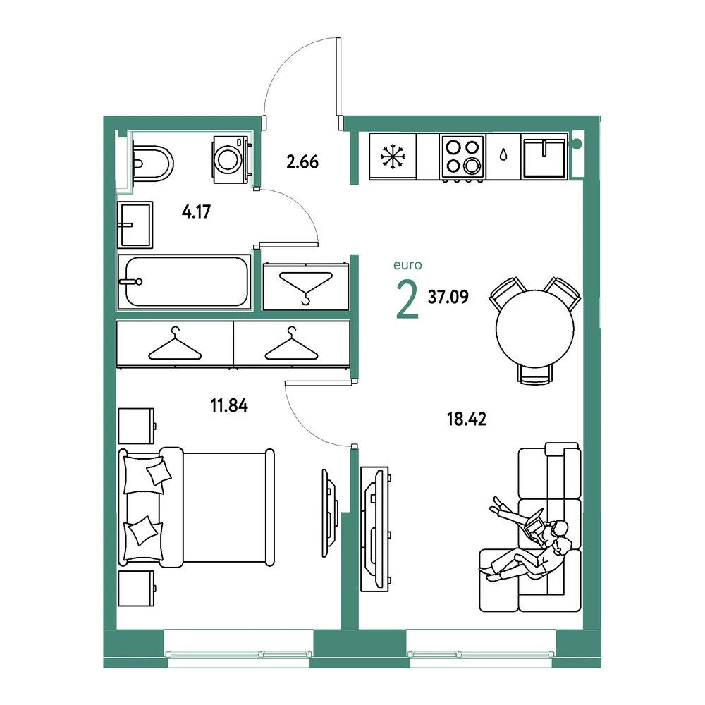 Планировка: Европейский берег 2.0 2-комнатная 37,09м²