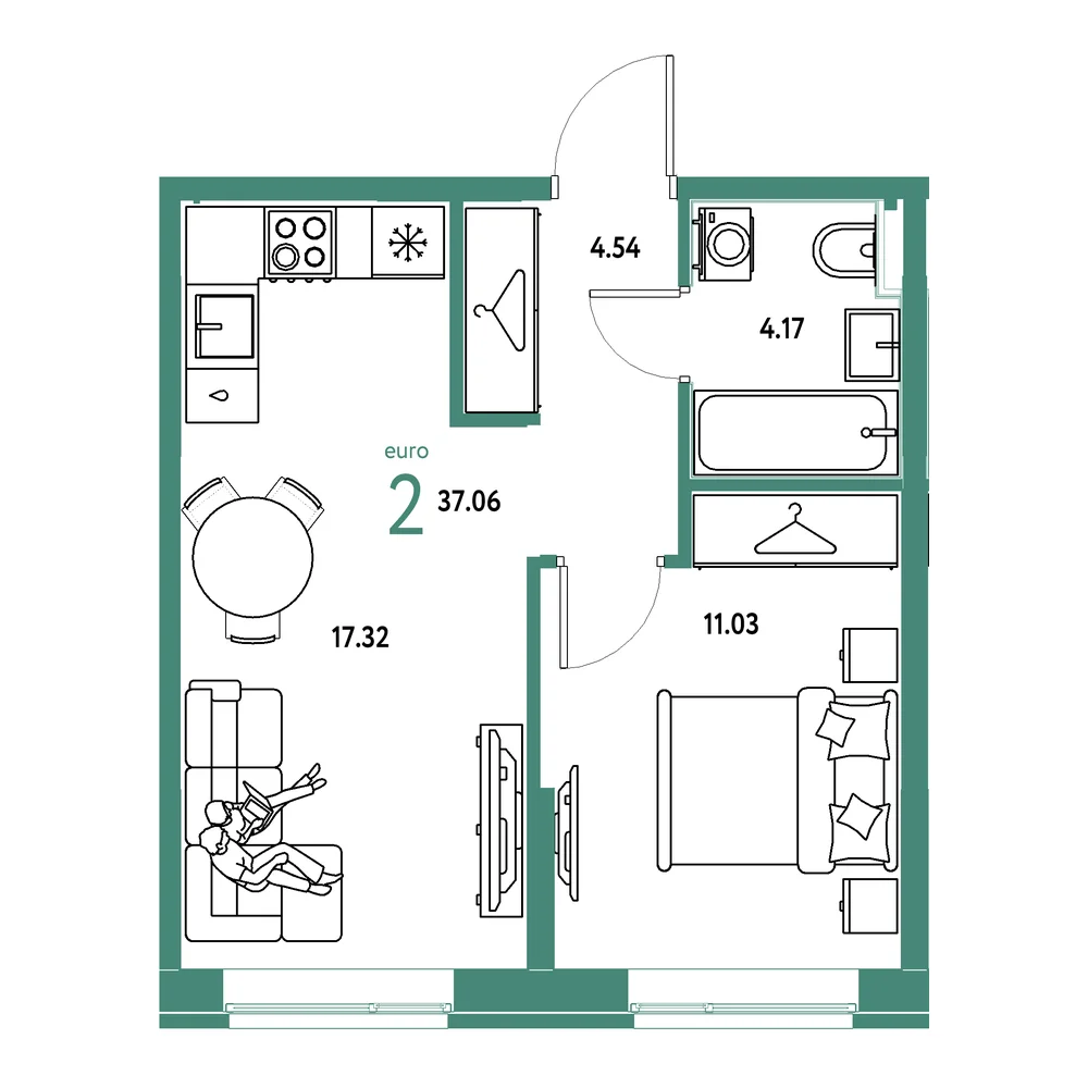 Планировка: Европейский берег 2.0 2-комнатная 37,06м²