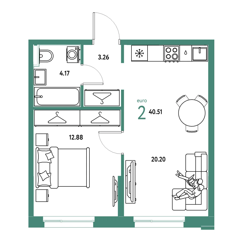 Планировка: Европейский берег 2.0 2-комнатная 40,51м²