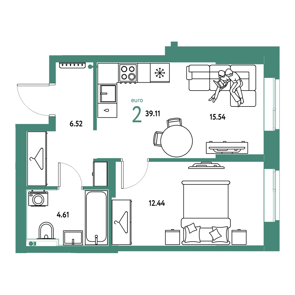 Планировка: Европейский берег 2.0 2-комнатная 39,11м²