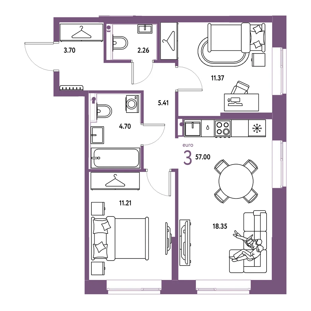 Планировка: Европейский берег 2.0 3-комнатная 57,00м²