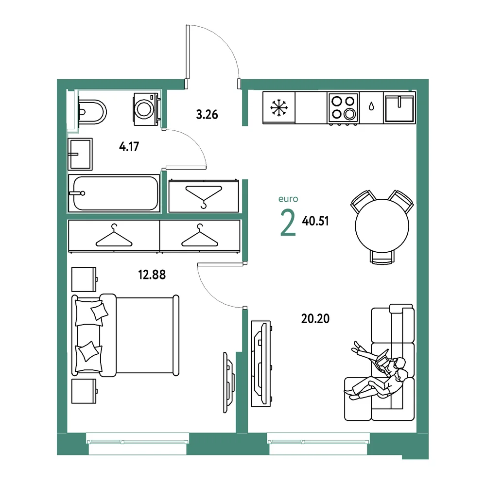 Планировка: Европейский берег 2.0 2-комнатная 40,51м²