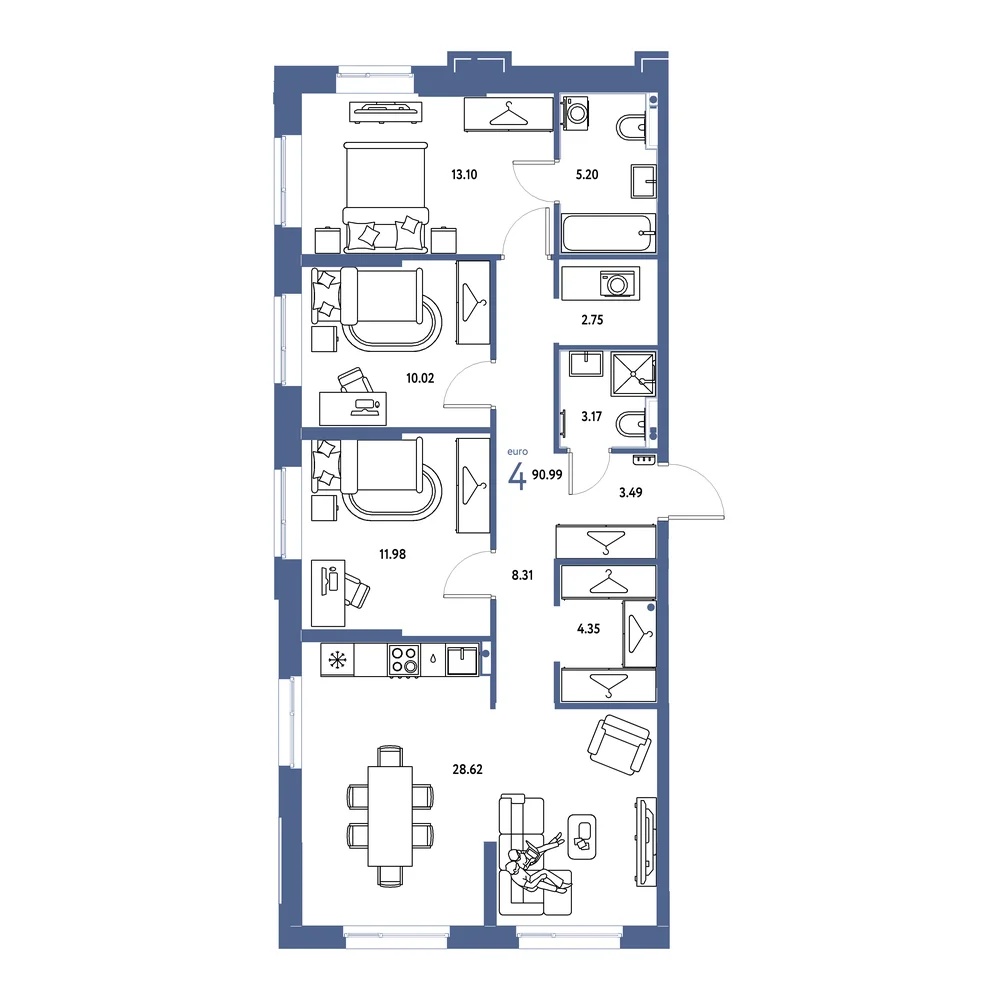 Планировка: Европейский берег 2.0 4-комнатная 90,99м²