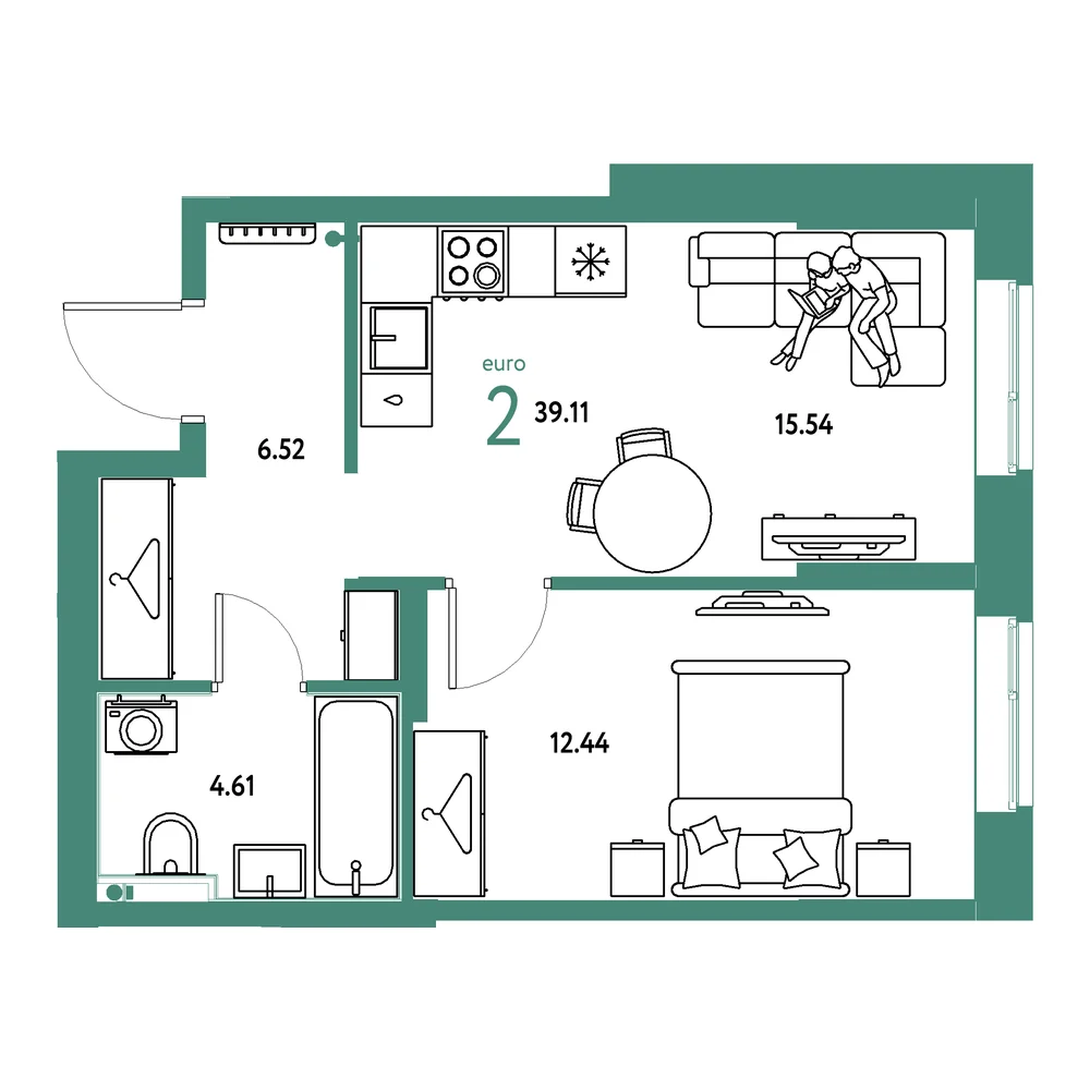 Планировка: Европейский берег 2.0 2-комнатная 39,11м²