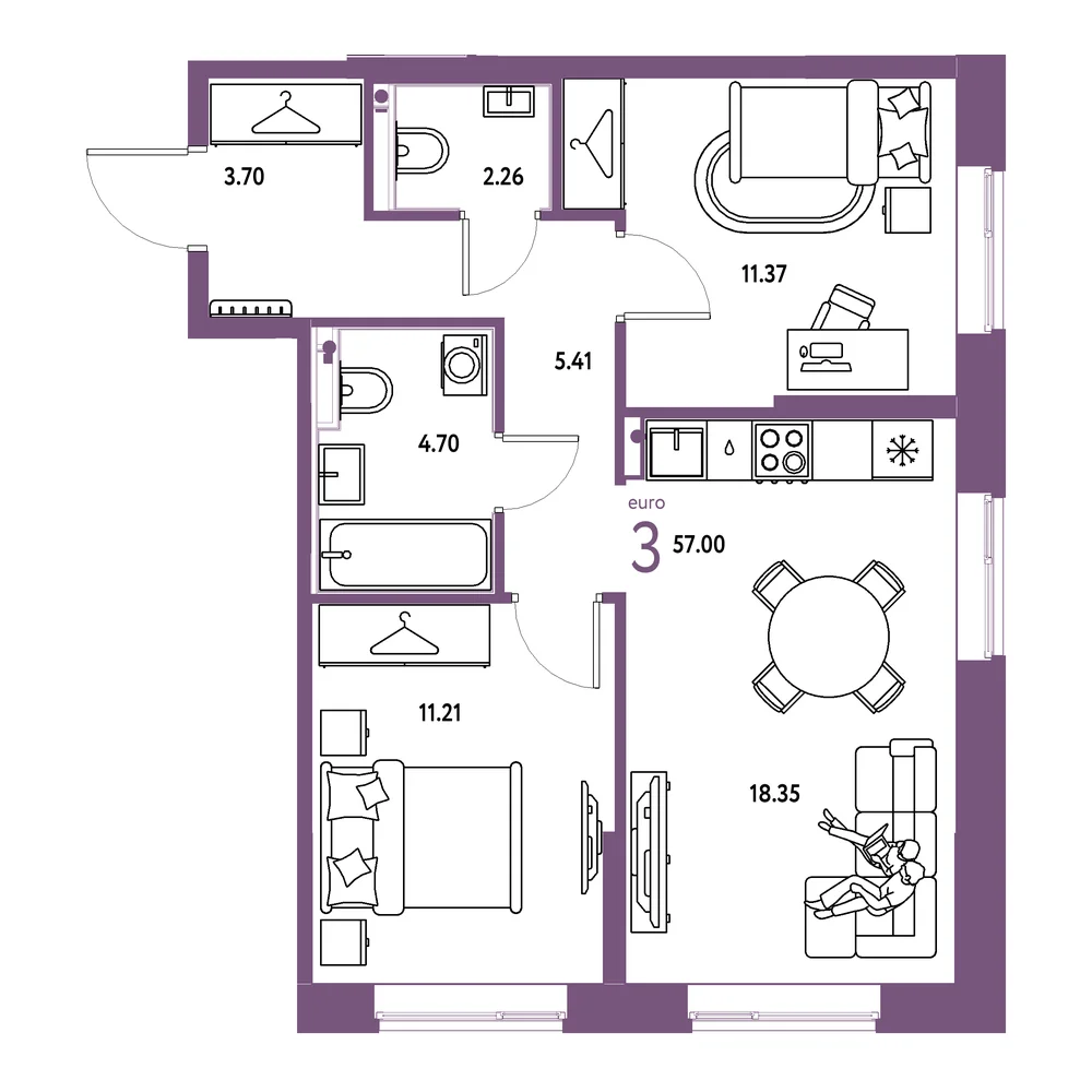 Планировка: Европейский берег 2.0 3-комнатная 57,00м²