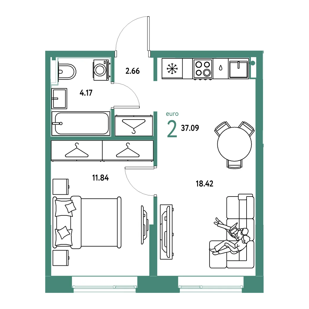 Планировка: Европейский берег 2.0 2-комнатная 37,09м²