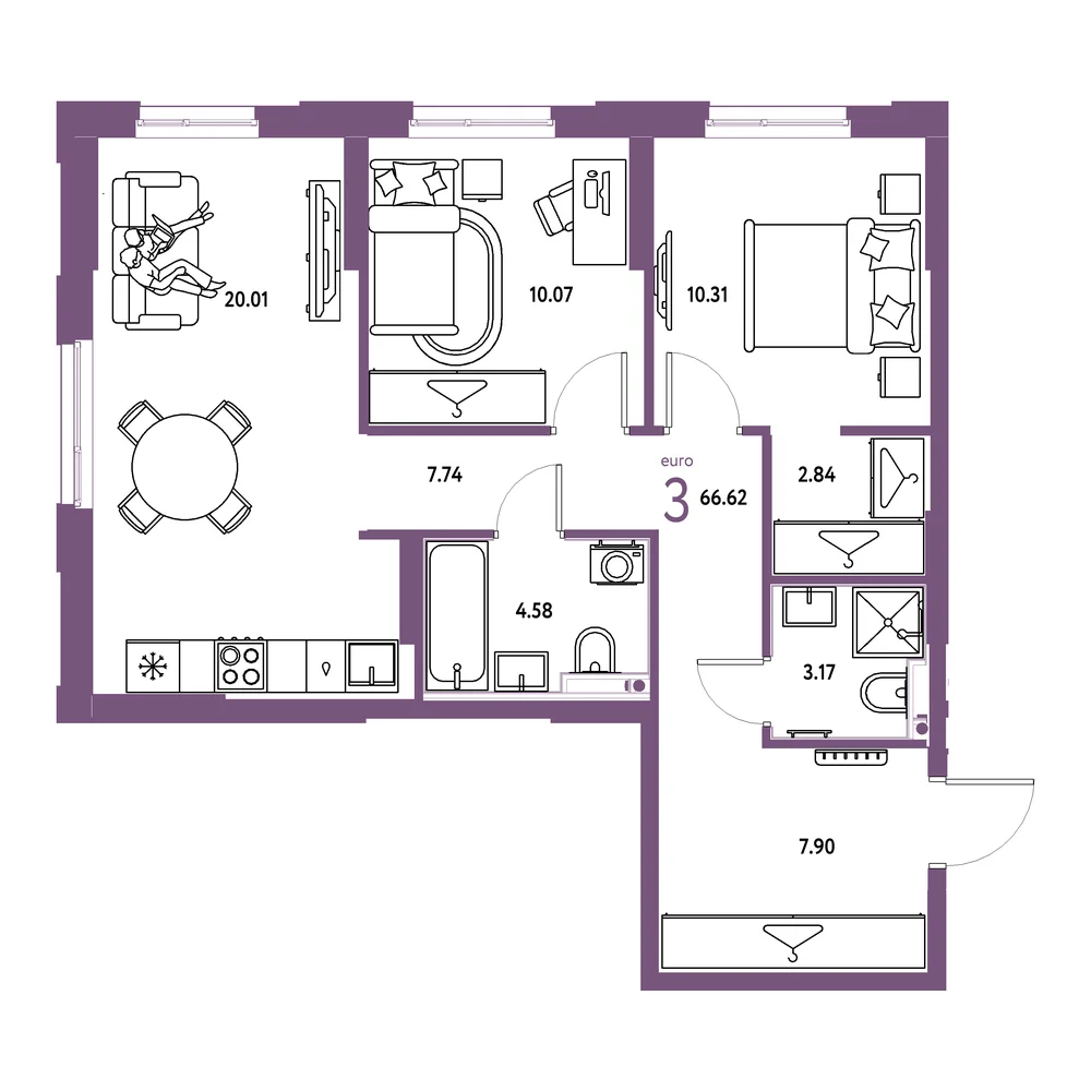 Планировка: Европейский берег 2.0 3-комнатная 66,62м²