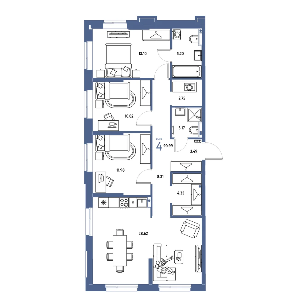 Планировка: Европейский берег 2.0 4-комнатная 90,99м²