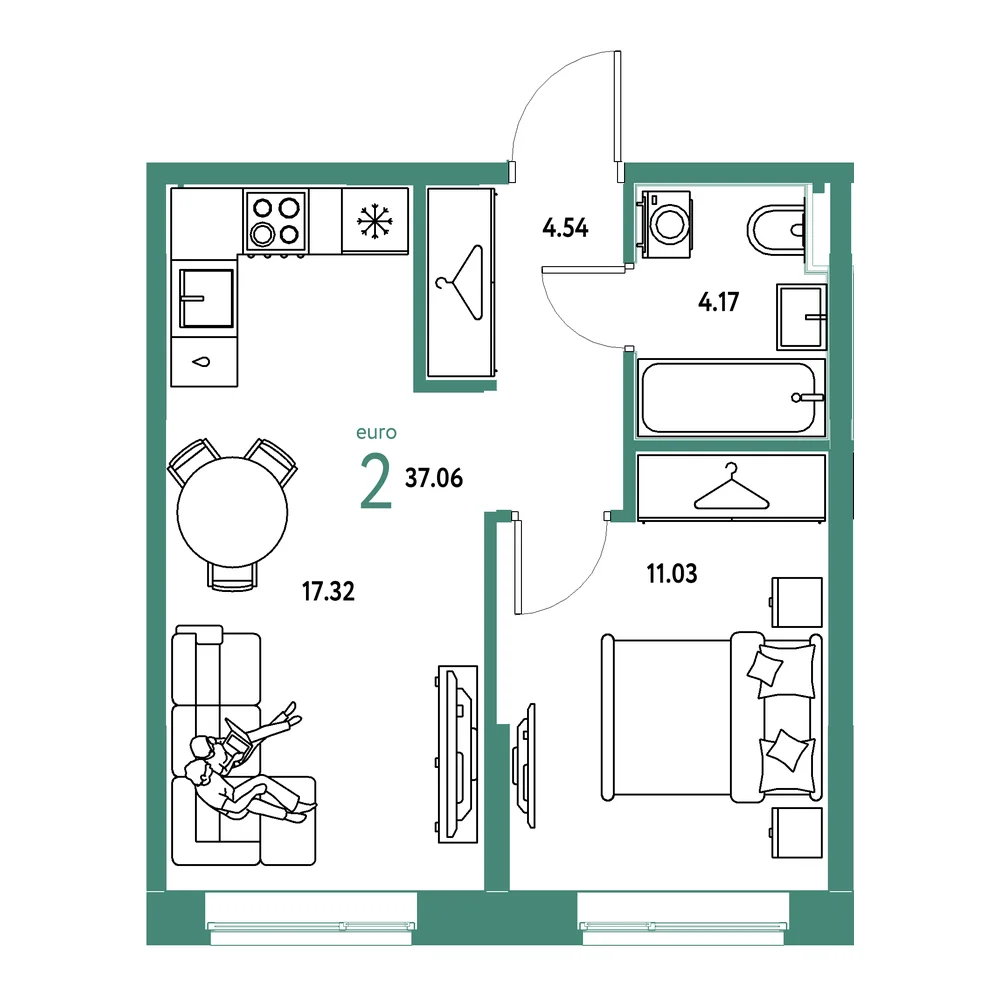 Планировка: Европейский берег 2.0 2-комнатная 37,06м²