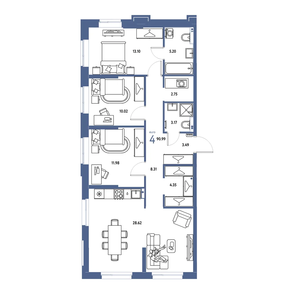 Планировка: Европейский берег 2.0 4-комнатная 90,99м²