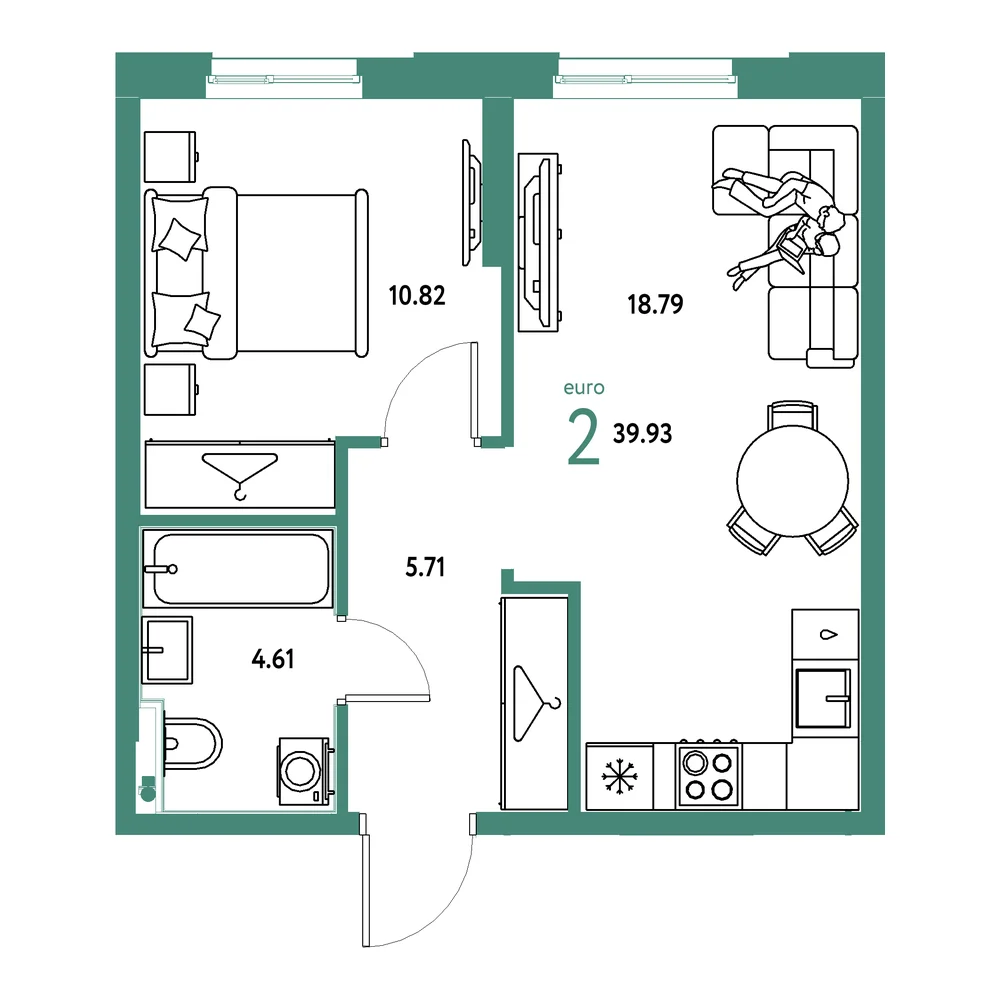 Планировка: Европейский берег 2.0 2-комнатная 39,93м²