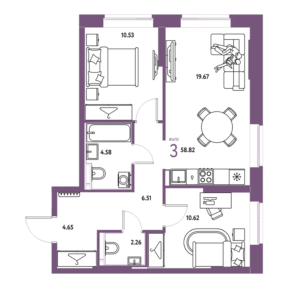 Планировка: Европейский берег 2.0 3-комнатная 58,82м²