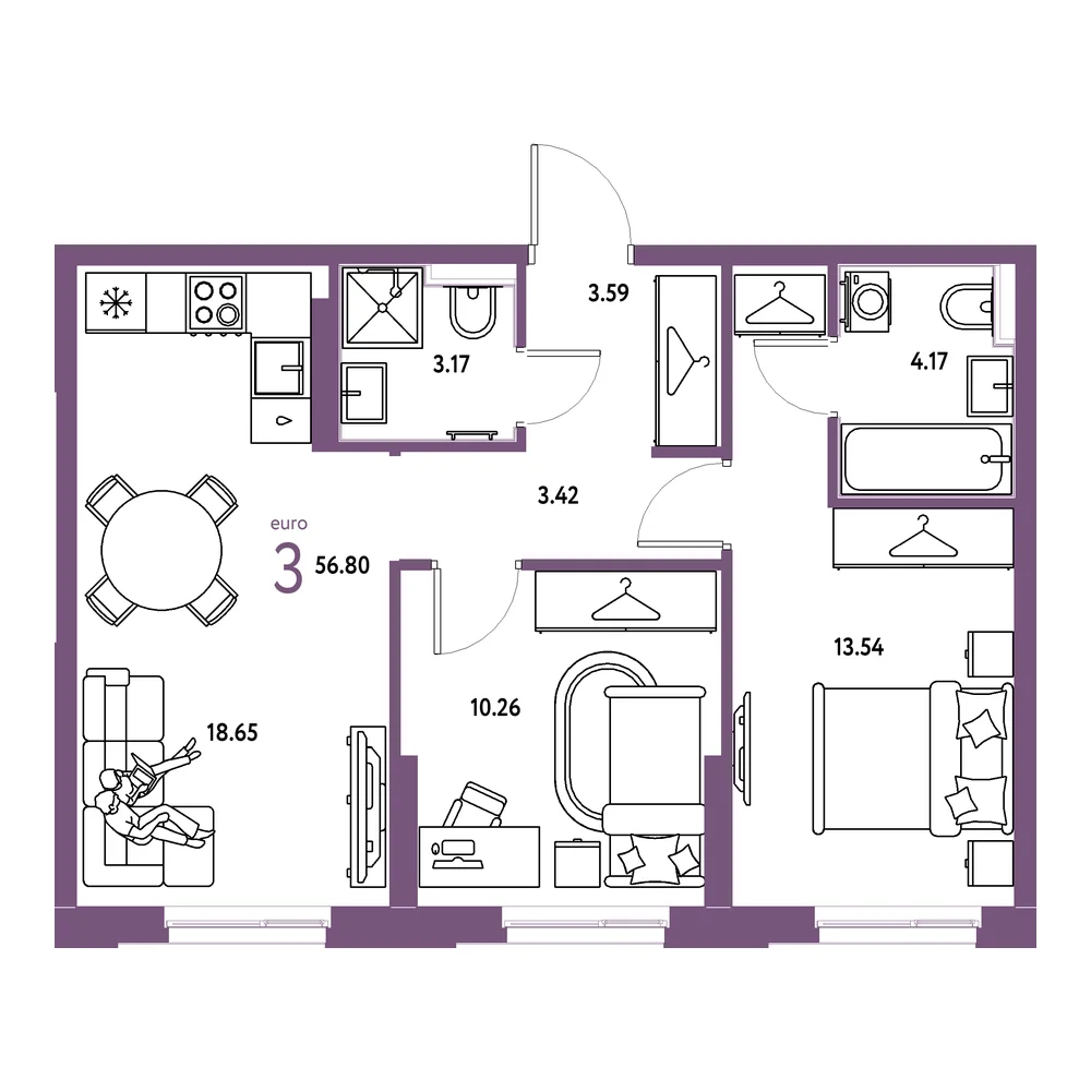 Планировка: Европейский берег 2.0 3-комнатная 56,80м²