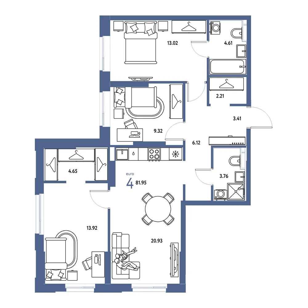 Планировка: Европейский берег 2.0 4-комнатная 81,95м²