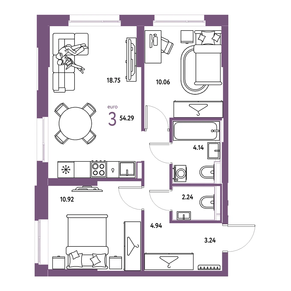 Планировка: Европейский берег 2.0 3-комнатная 54,31м²
