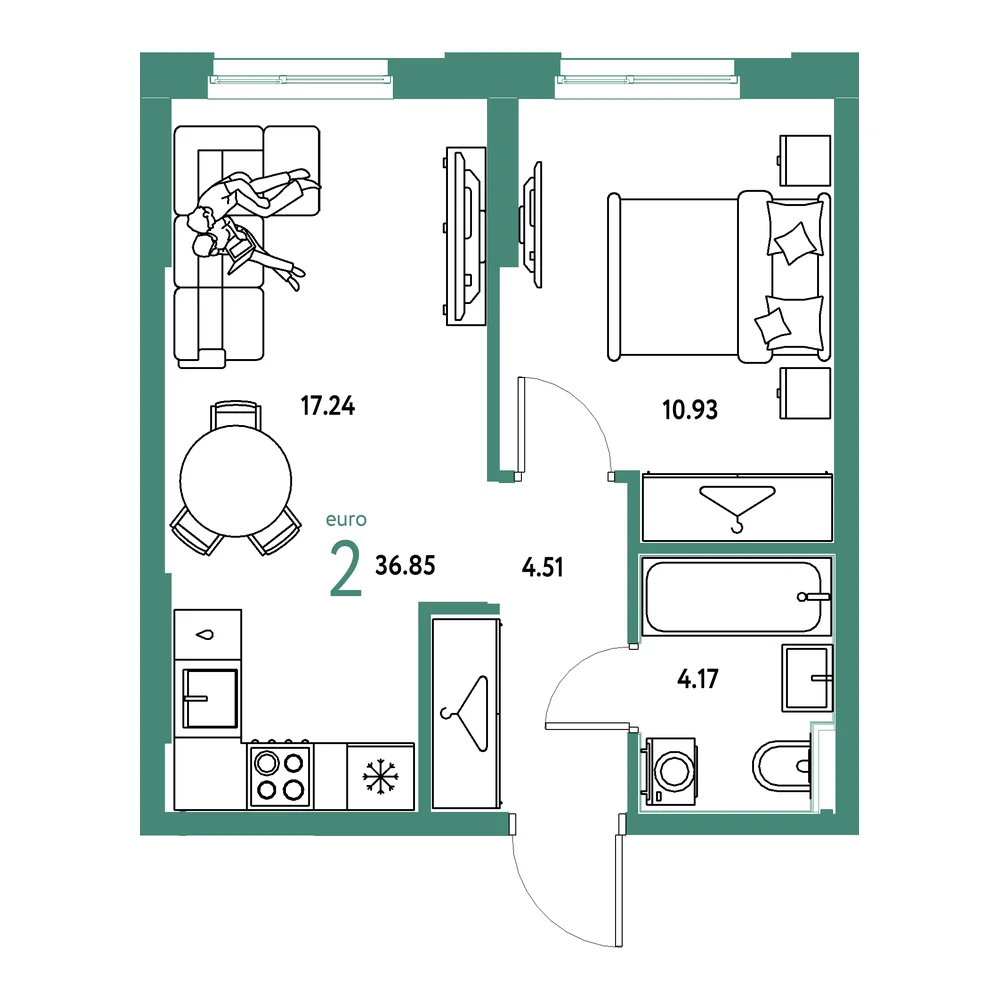Планировка: Европейский берег 2.0 2-комнатная 36,85м²