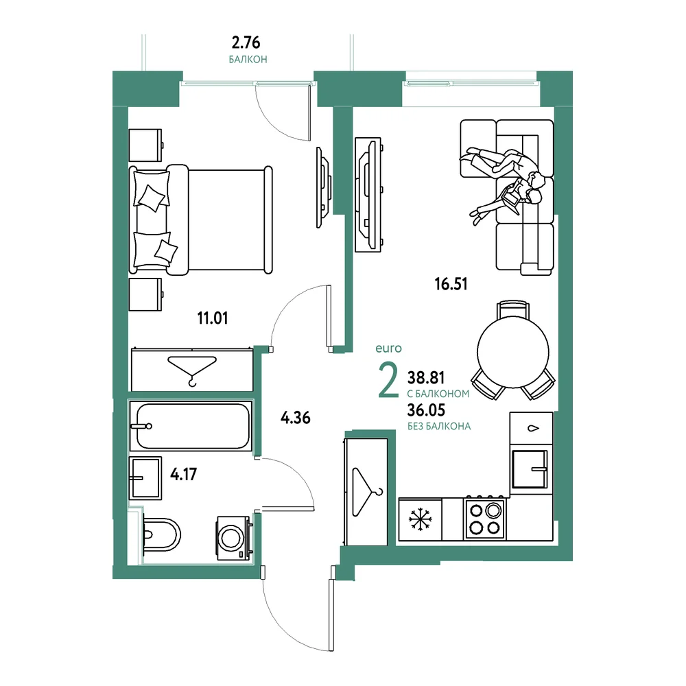 Планировка: Европейский берег 2.0 2-комнатная 38,81м²