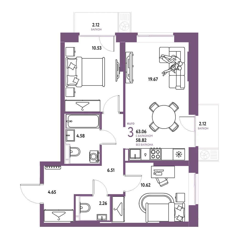 Планировка: Европейский берег 2.0 3-комнатная 63,06м²