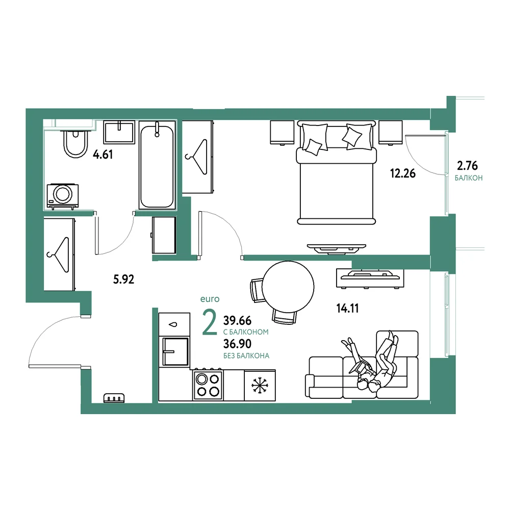Планировка: Европейский берег 2.0 2-комнатная 39,66м²